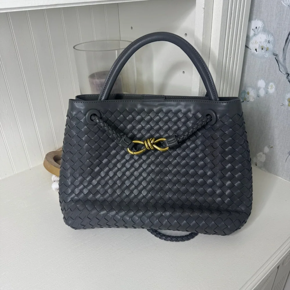 Woven Grey Faux Leather Satchel Handbag Braided Crossbody Strap Gold Knot Detail
